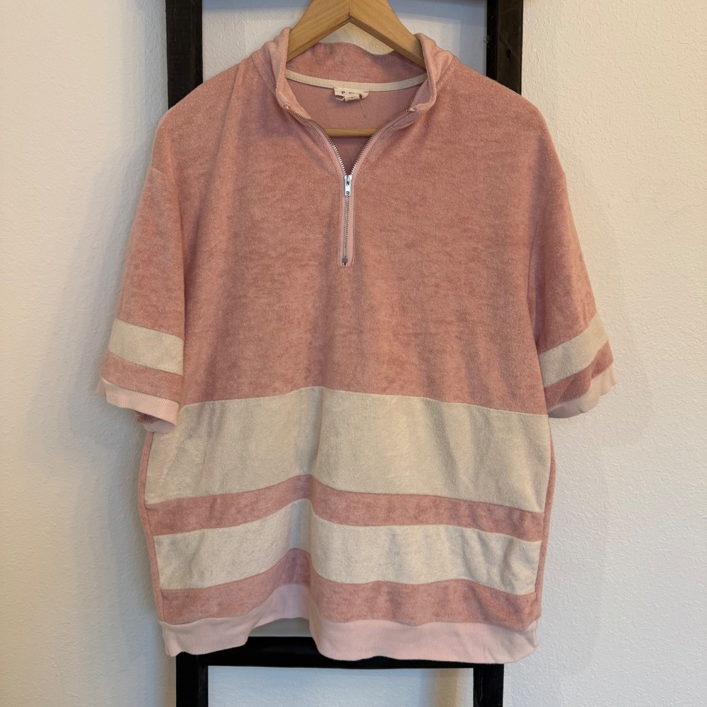 POL Pink Cream Striped Terry Cloth Quarter Zip Short‎ Sleeve Top S/M - Picture 2 of 6